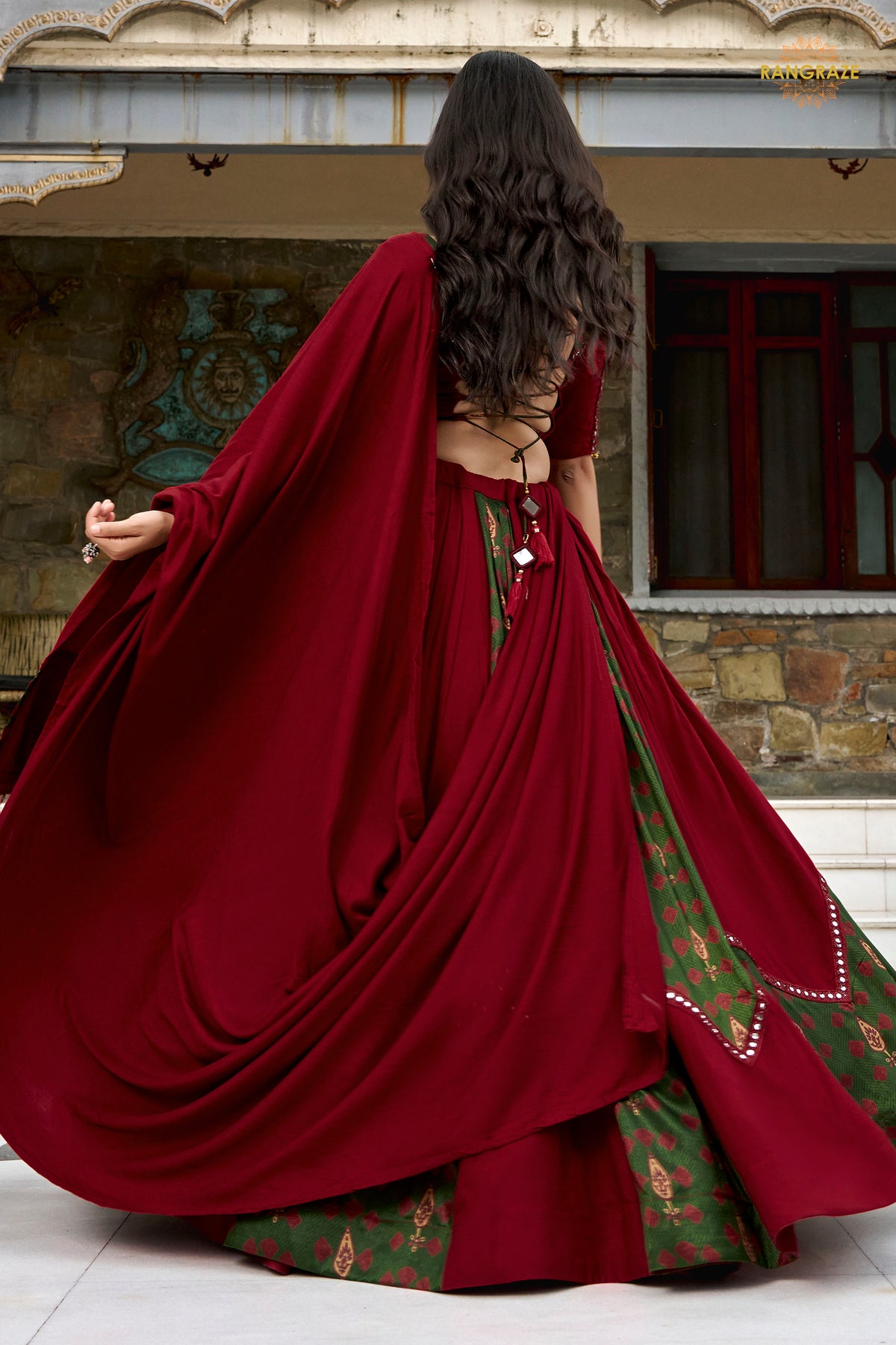 Maroon Stitched Ajrakh Print Rayon Lehenga