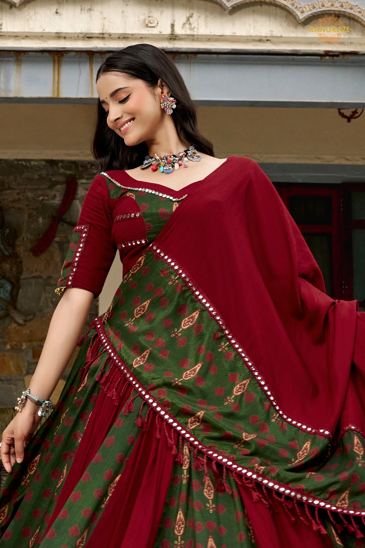Maroon Stitched Ajrakh Print Rayon Lehenga