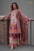 Maroon Stitched Embroidered Satin Crepe Palazzo Suit