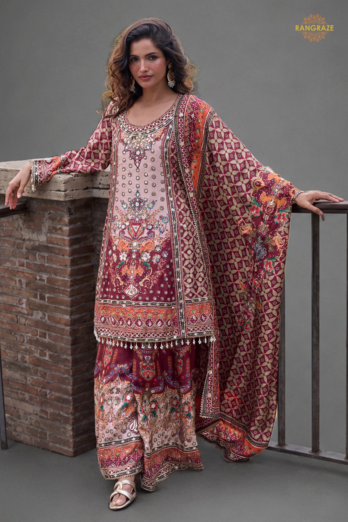 Maroon Stitched Embroidered Satin Crepe Palazzo Suit