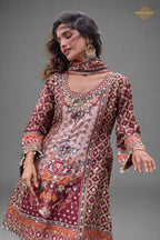Maroon Stitched Embroidered Satin Crepe Palazzo Suit