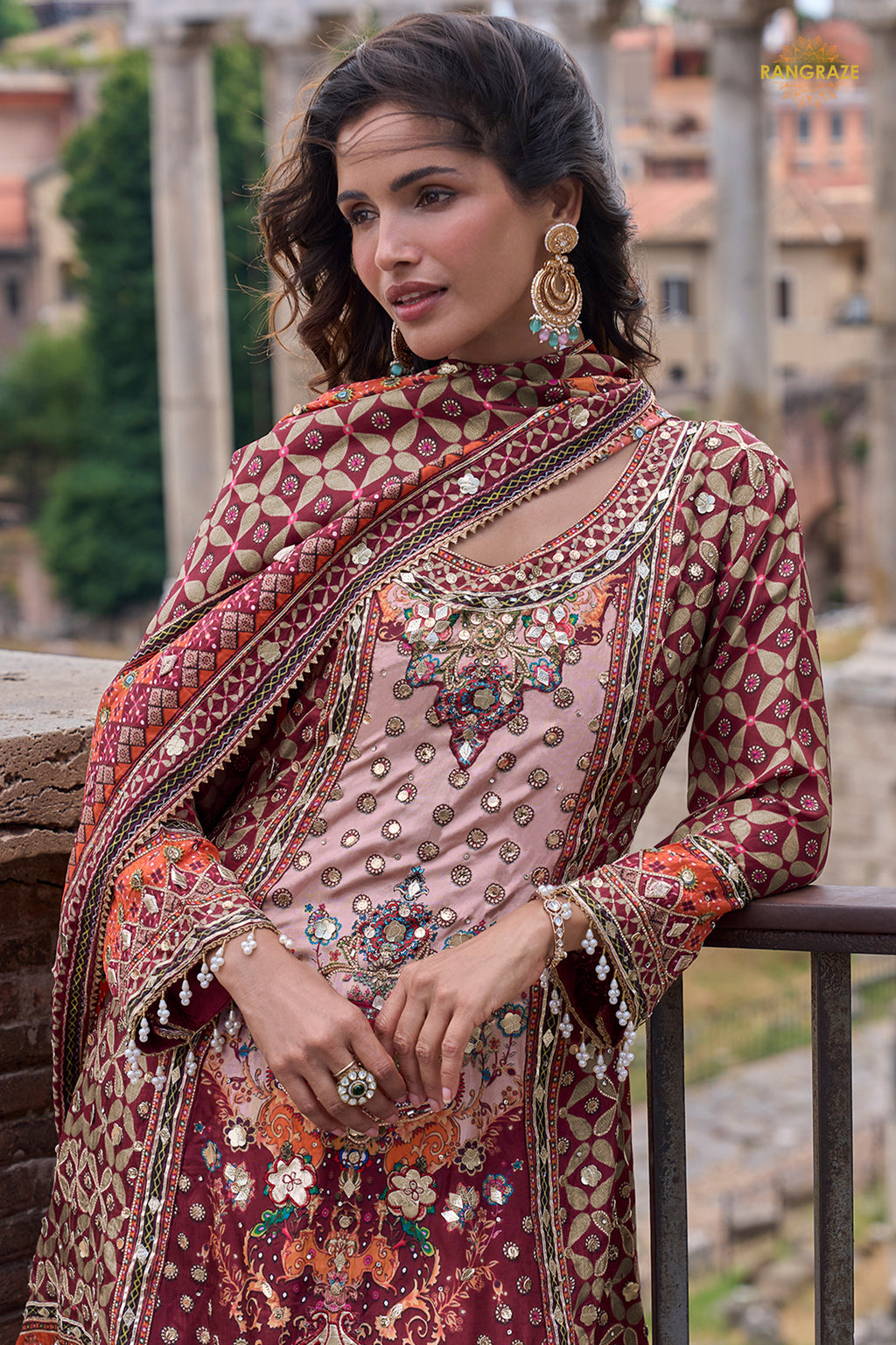 Maroon Stitched Embroidered Satin Crepe Palazzo Suit