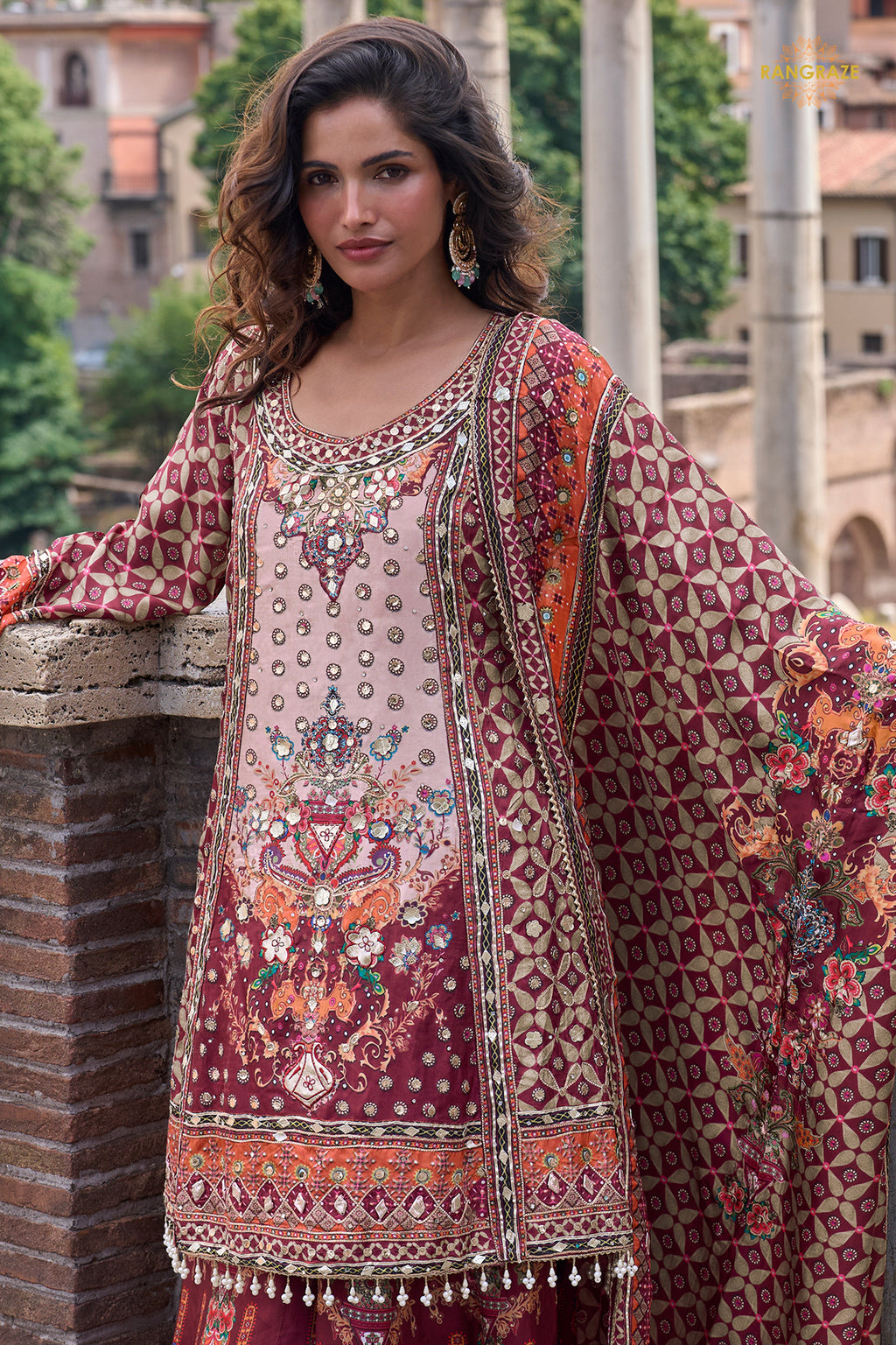 Maroon Stitched Embroidered Satin Crepe Palazzo Suit