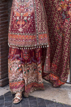 Maroon Stitched Embroidered Satin Crepe Palazzo Suit