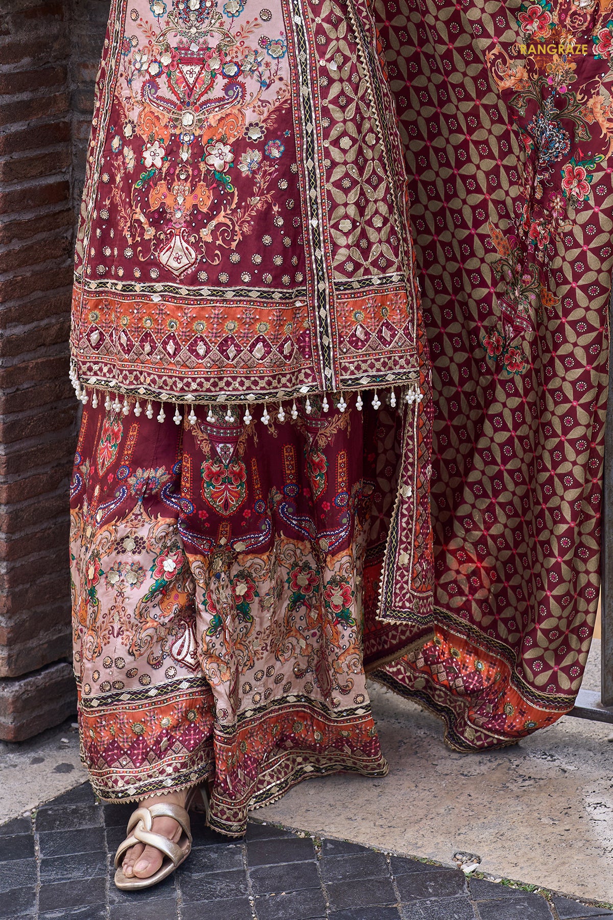 Maroon Stitched Embroidered Satin Crepe Palazzo Suit
