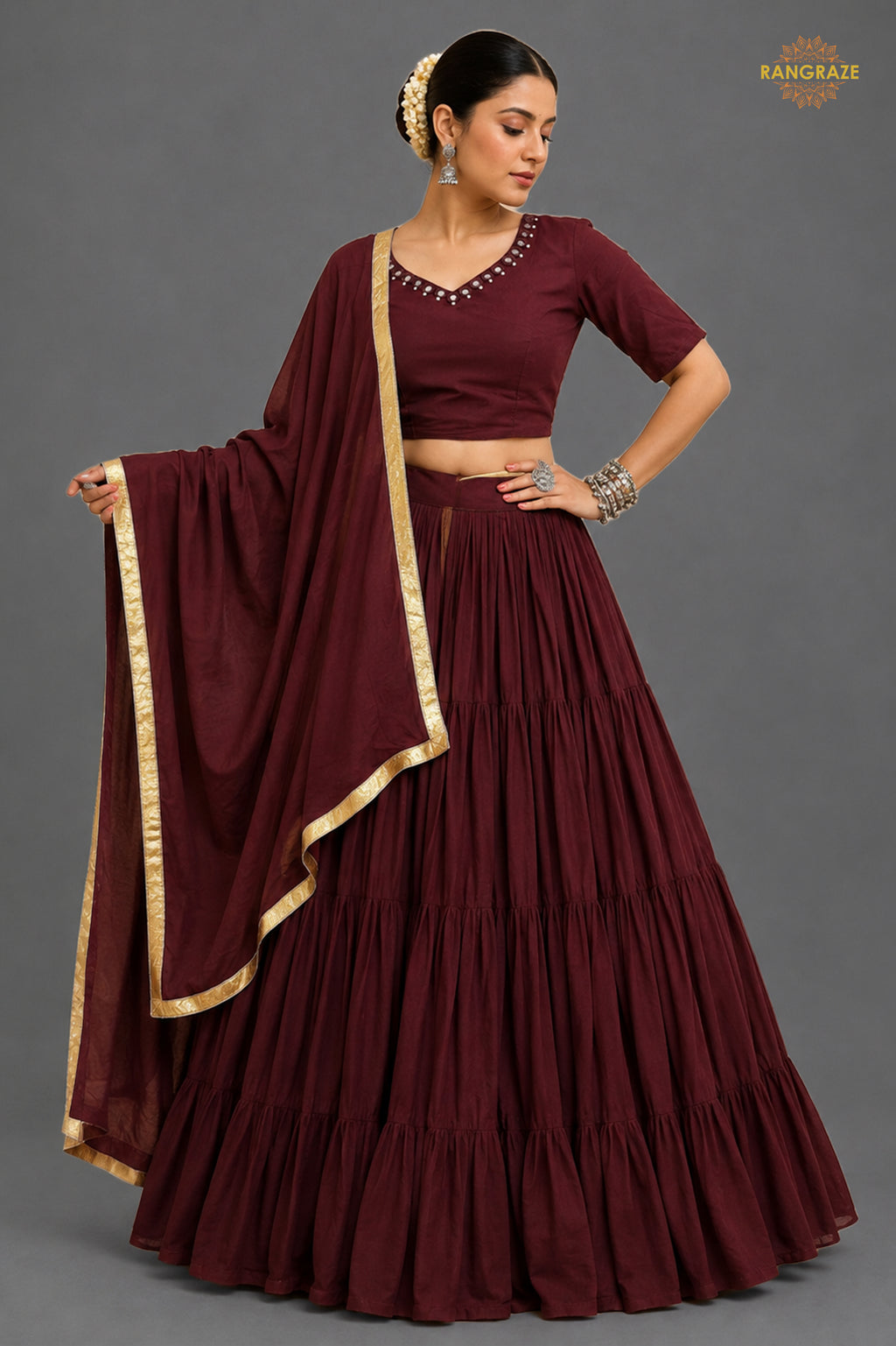 Maroon Tiered Flared Lehenga Choli with Real Mirror Work Neckline