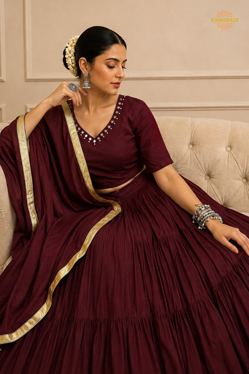 Maroon Tiered Flared Lehenga Choli with Real Mirror Work Neckline