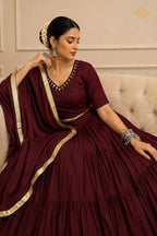Maroon Tiered Flared Lehenga Choli with Real Mirror Work Neckline