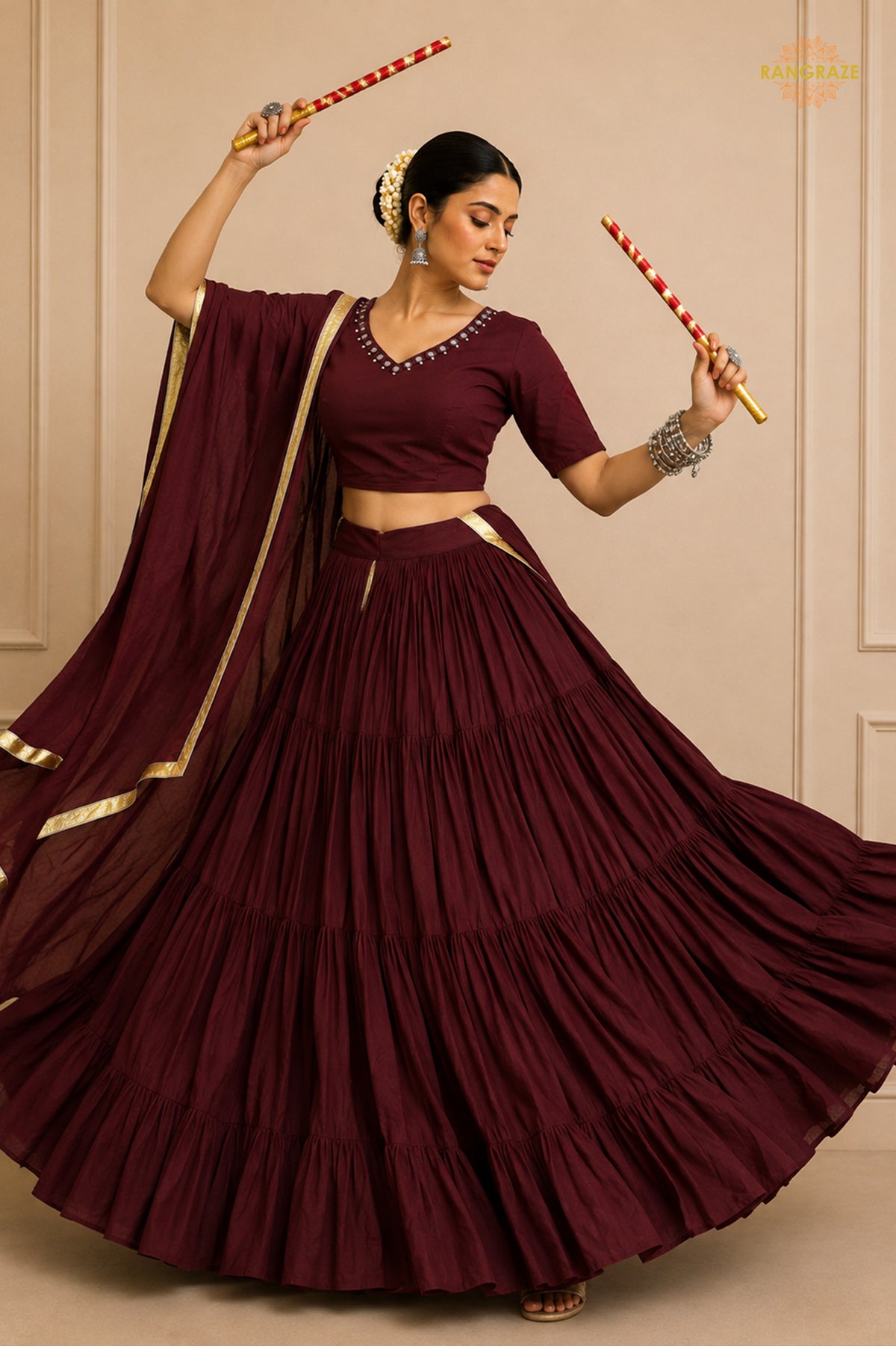 Maroon Tiered Flared Lehenga Choli with Real Mirror Work Neckline