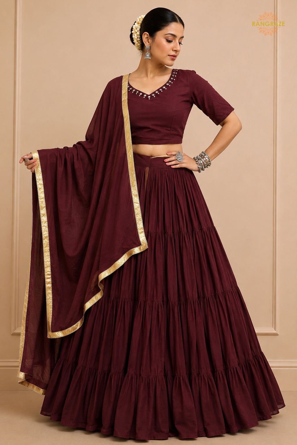 Maroon Tiered Flared Lehenga Choli with Real Mirror Work Neckline