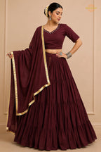Maroon Tiered Flared Lehenga Choli with Real Mirror Work Neckline