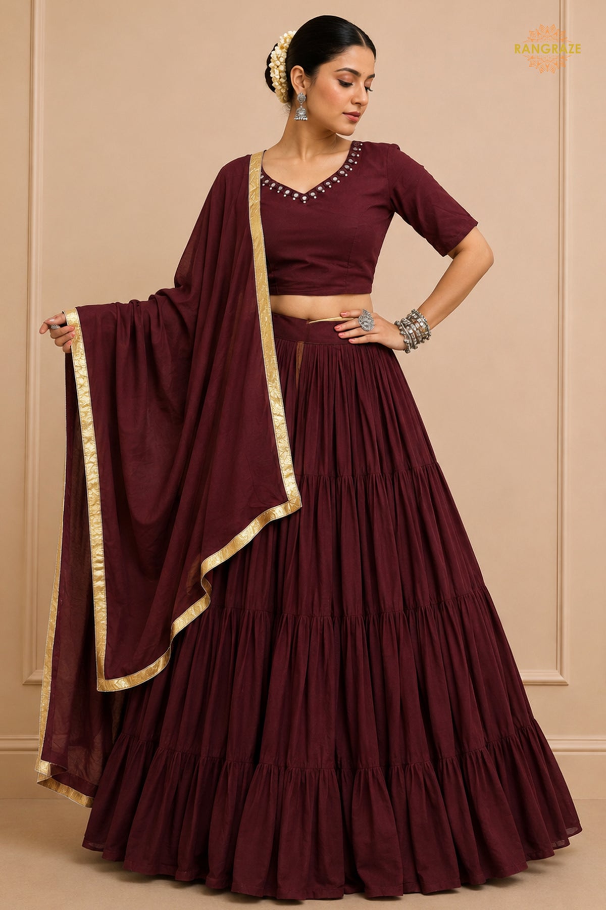 Maroon Tiered Flared Lehenga Choli with Real Mirror Work Neckline