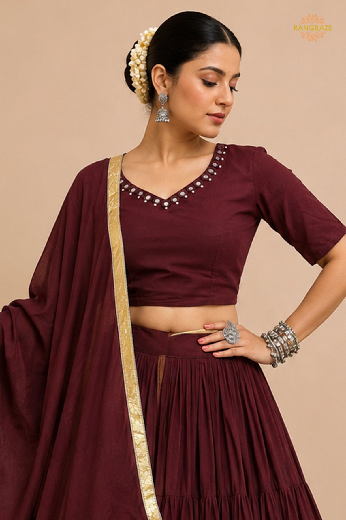 Maroon Tiered Flared Lehenga Choli with Real Mirror Work Neckline