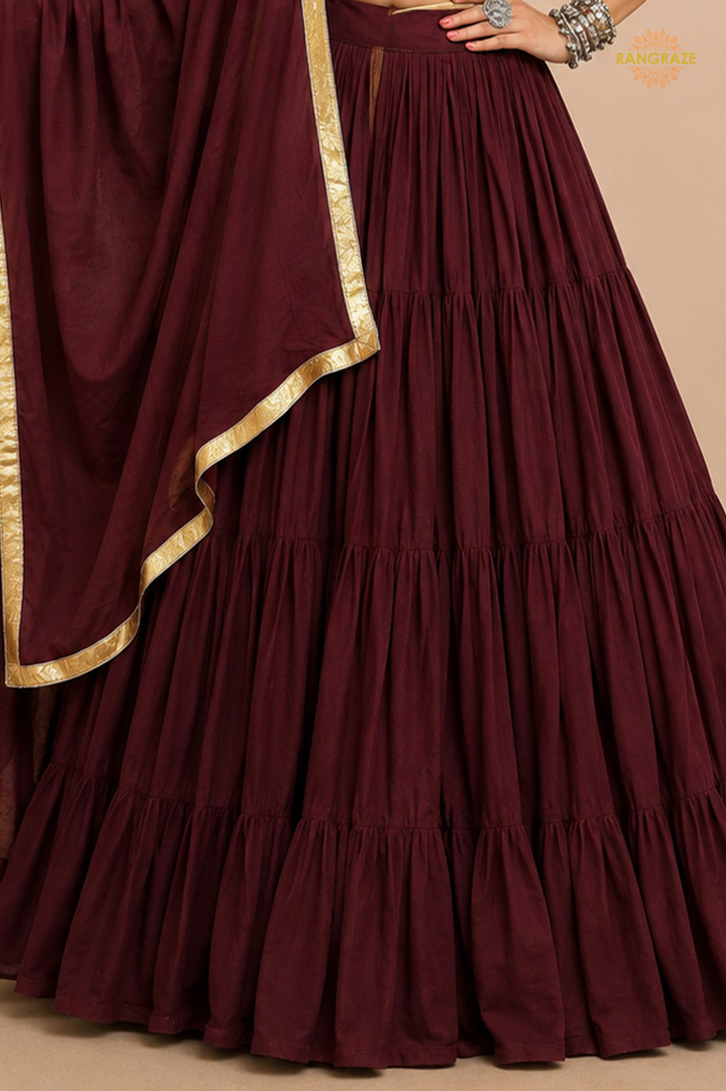 Maroon Tiered Flared Lehenga Choli with Real Mirror Work Neckline