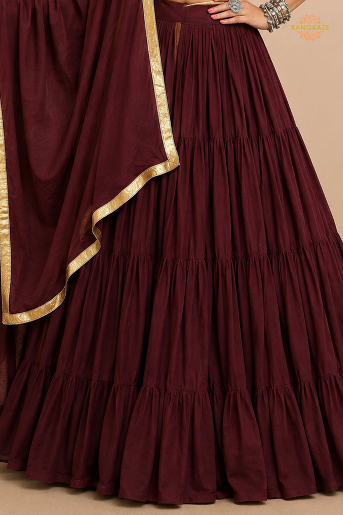Maroon Tiered Flared Lehenga Choli with Real Mirror Work Neckline