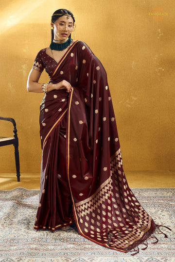 Maroon Satin Silk Banarasi Saree with Woven Zari Buttas