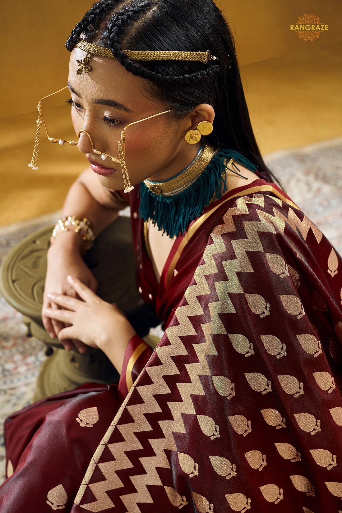 Maroon Satin Silk Banarasi Saree with Woven Zari Buttas