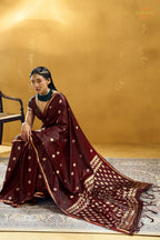 Maroon Satin Silk Banarasi Saree with Woven Zari Buttas