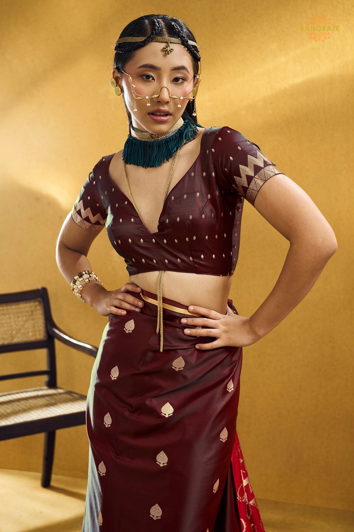 Maroon Satin Silk Banarasi Saree with Woven Zari Buttas