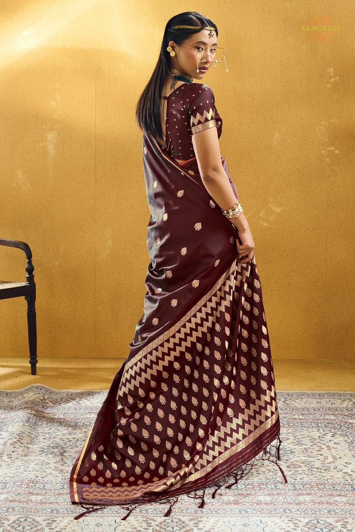 Maroon Satin Silk Banarasi Saree with Woven Zari Buttas