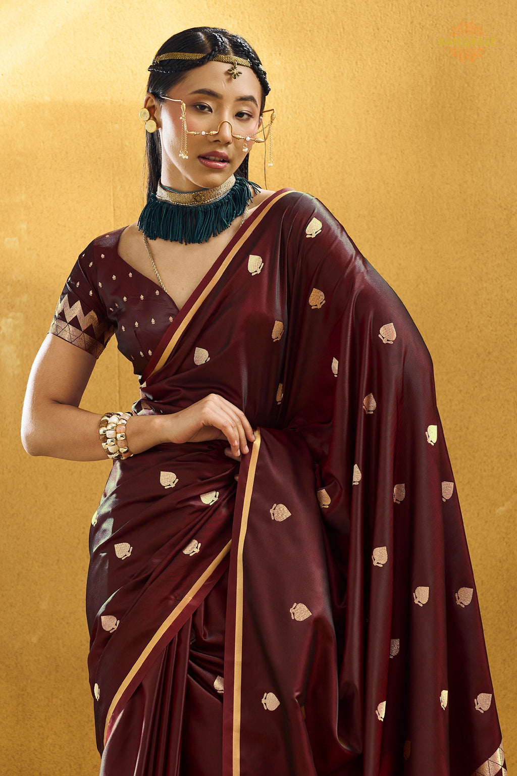 Maroon Satin Silk Banarasi Saree with Woven Zari Buttas