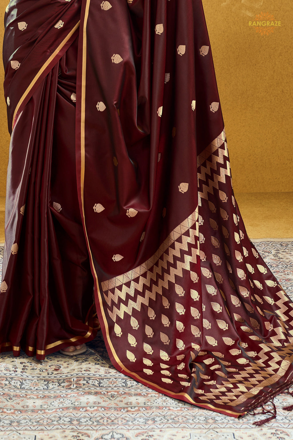 Maroon Satin Silk Banarasi Saree with Woven Zari Buttas
