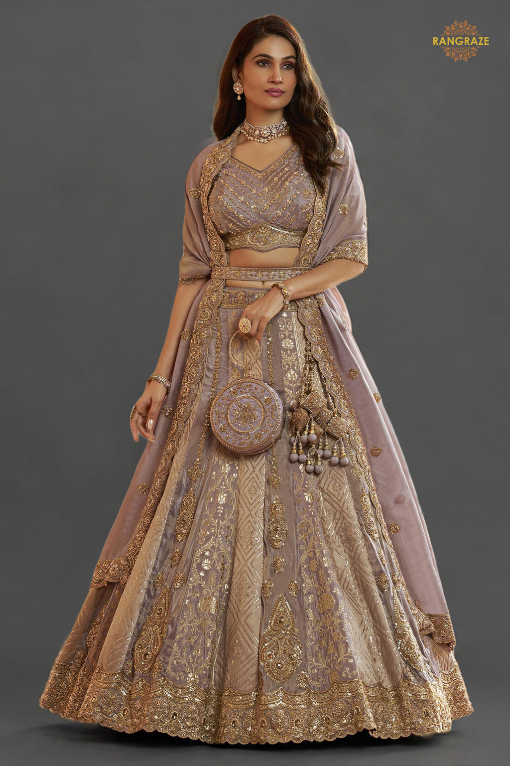 Mauve Heavy Work Banarasi Silk Lehenga With Clutch