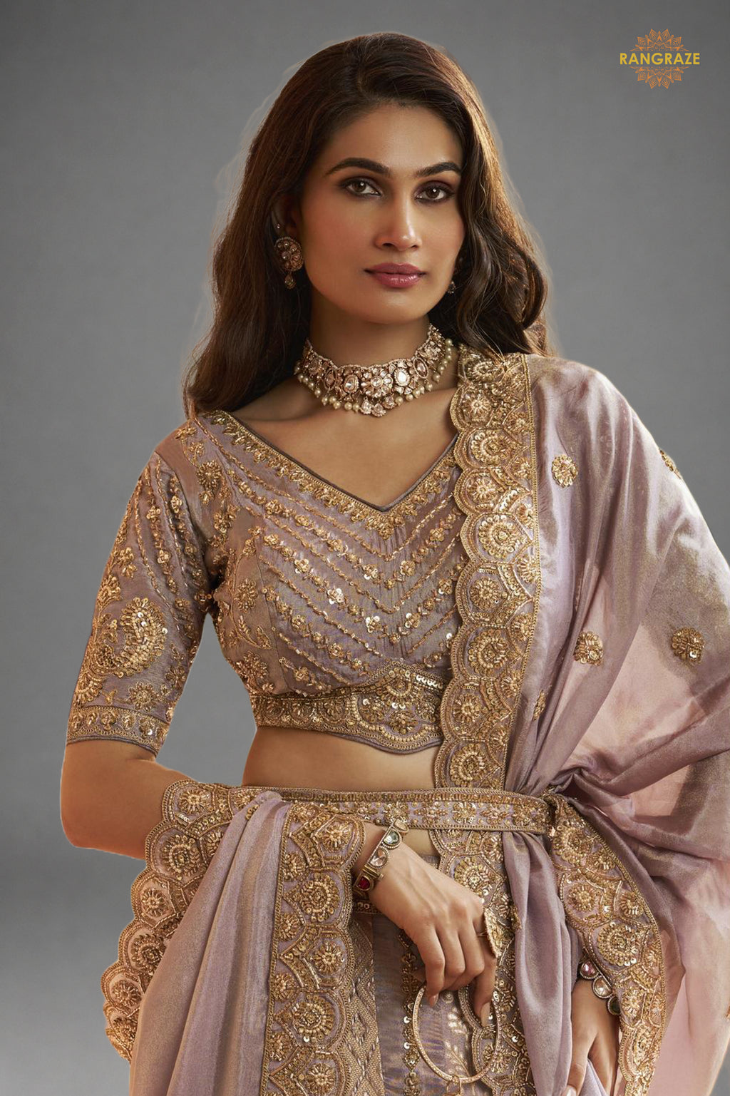 Mauve Heavy Work Banarasi Silk Lehenga With Clutch