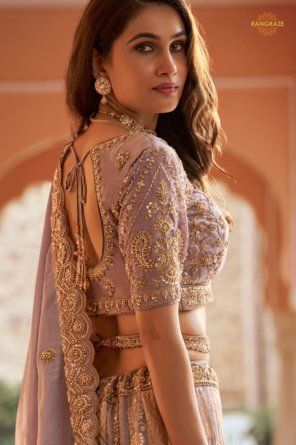 Mauve Heavy Work Banarasi Silk Lehenga With Clutch