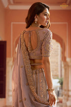 Mauve Heavy Work Banarasi Silk Lehenga With Clutch