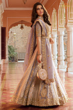 Mauve Heavy Work Banarasi Silk Lehenga With Clutch