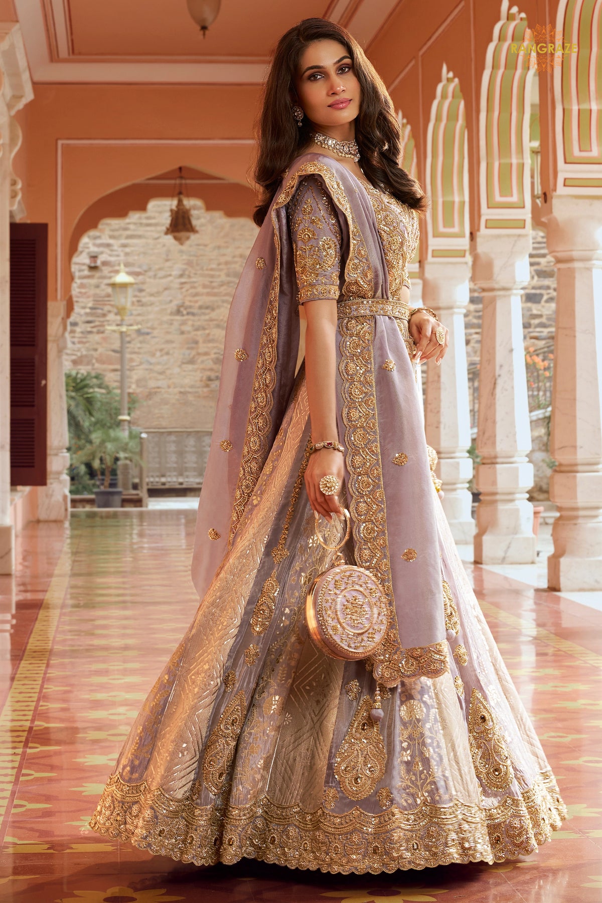 Mauve Heavy Work Banarasi Silk Lehenga With Clutch