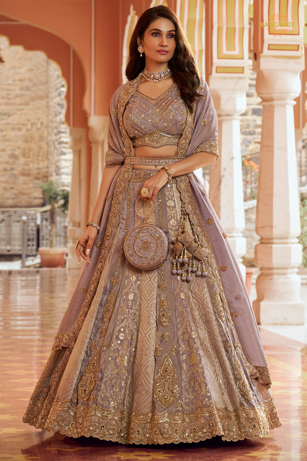 Mauve Heavy Work Banarasi Silk Lehenga With Clutch