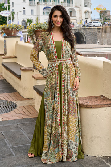 Mehendi Green Stitched Georgette Silk Gown with Shrug