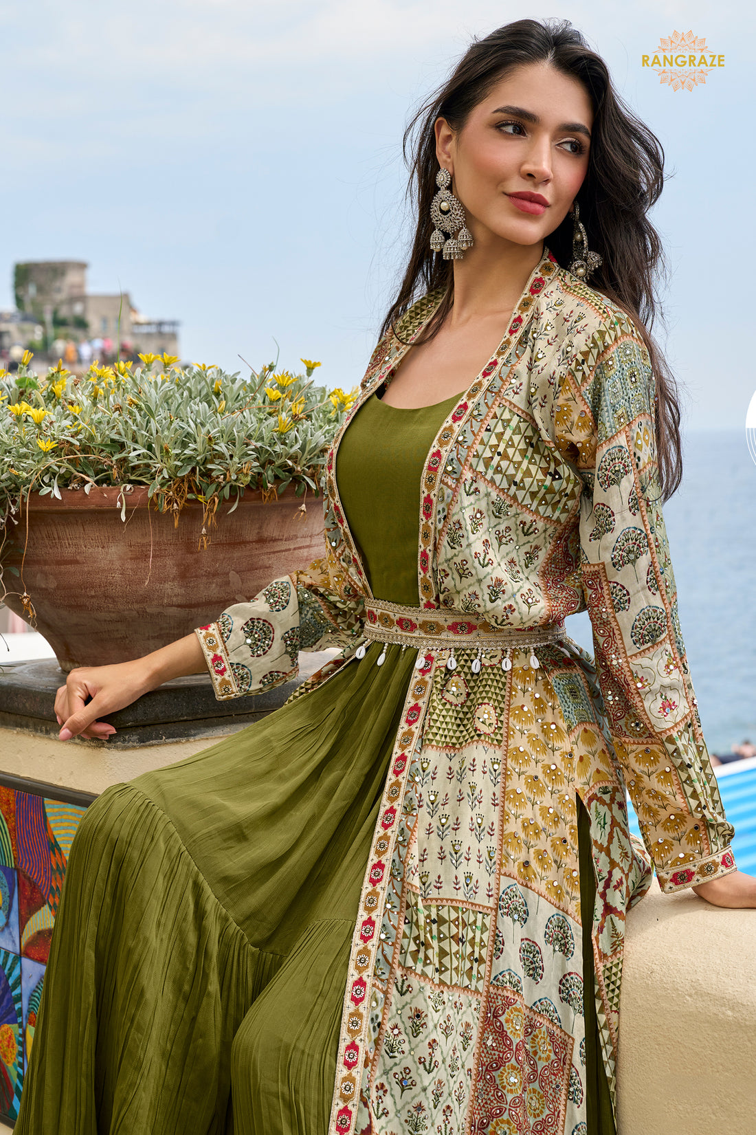 Mehendi Green Stitched Georgette Silk Gown with Shrug