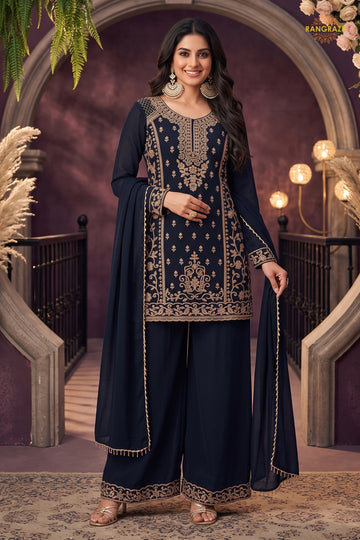 Midnight Blue Readymade Embroidered Chinon Sharara Suit