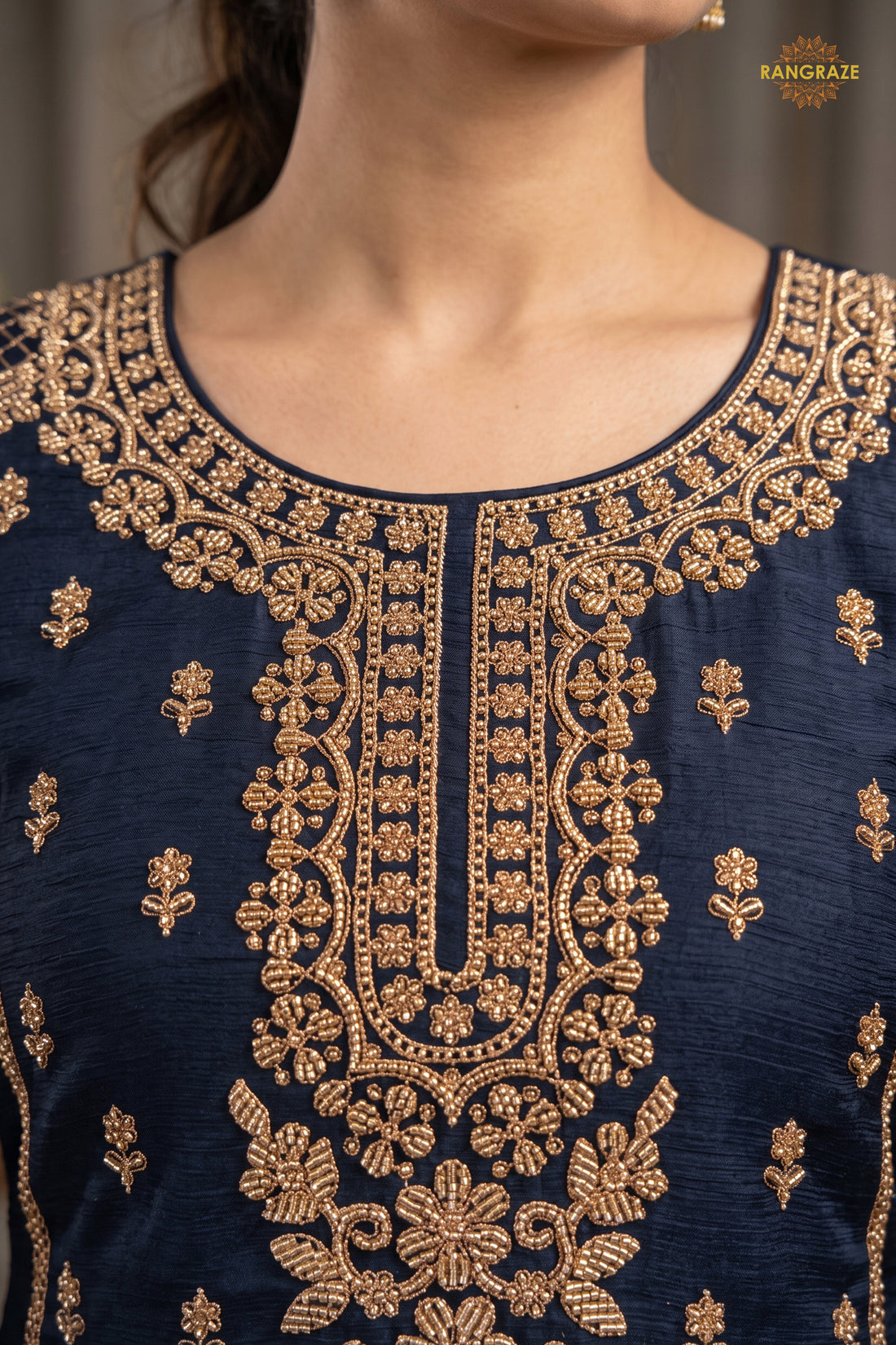 Midnight Blue Readymade Embroidered Chinon Sharara Suit