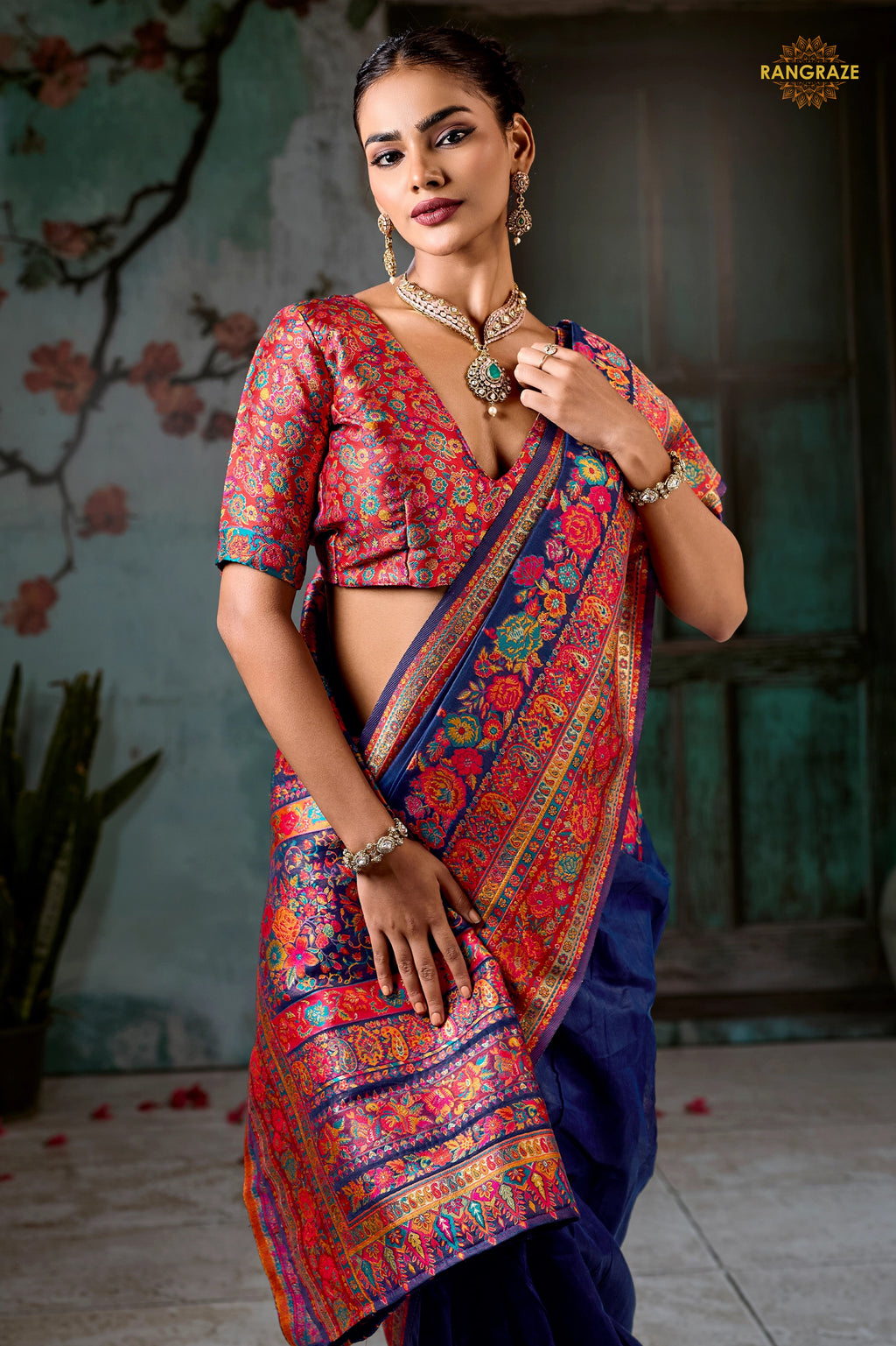 Midnight Blue Woven Modal Cotton Pashmina Saree