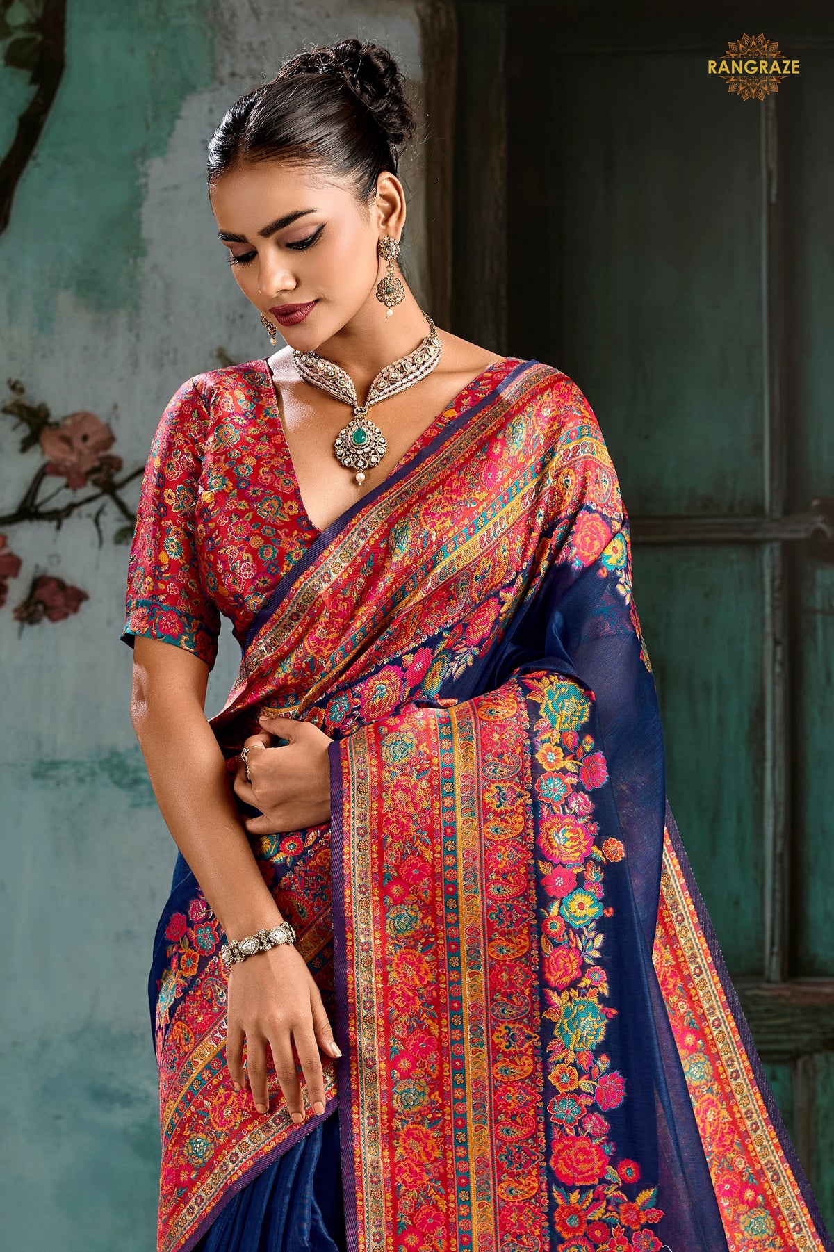 Midnight Blue Woven Modal Cotton Pashmina Saree