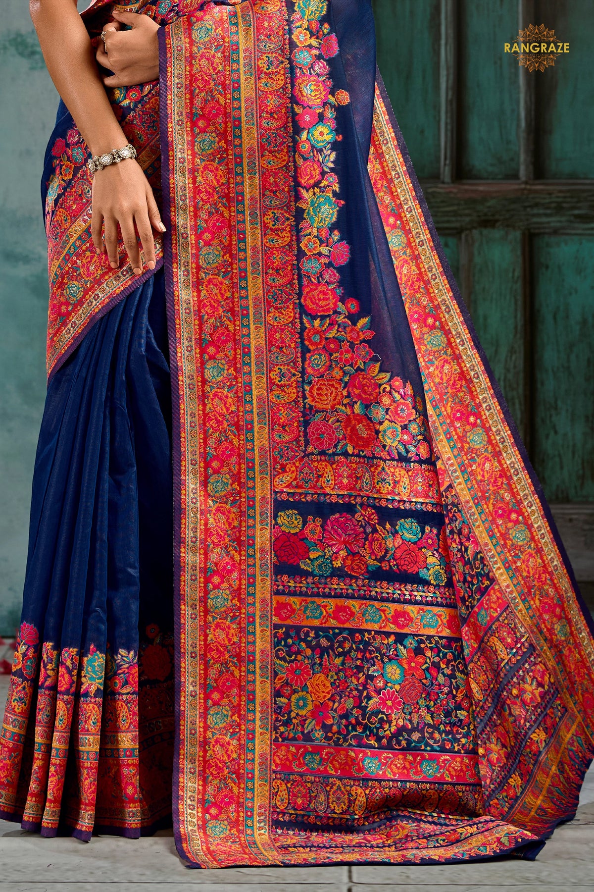 Midnight Blue Woven Modal Cotton Pashmina Saree
