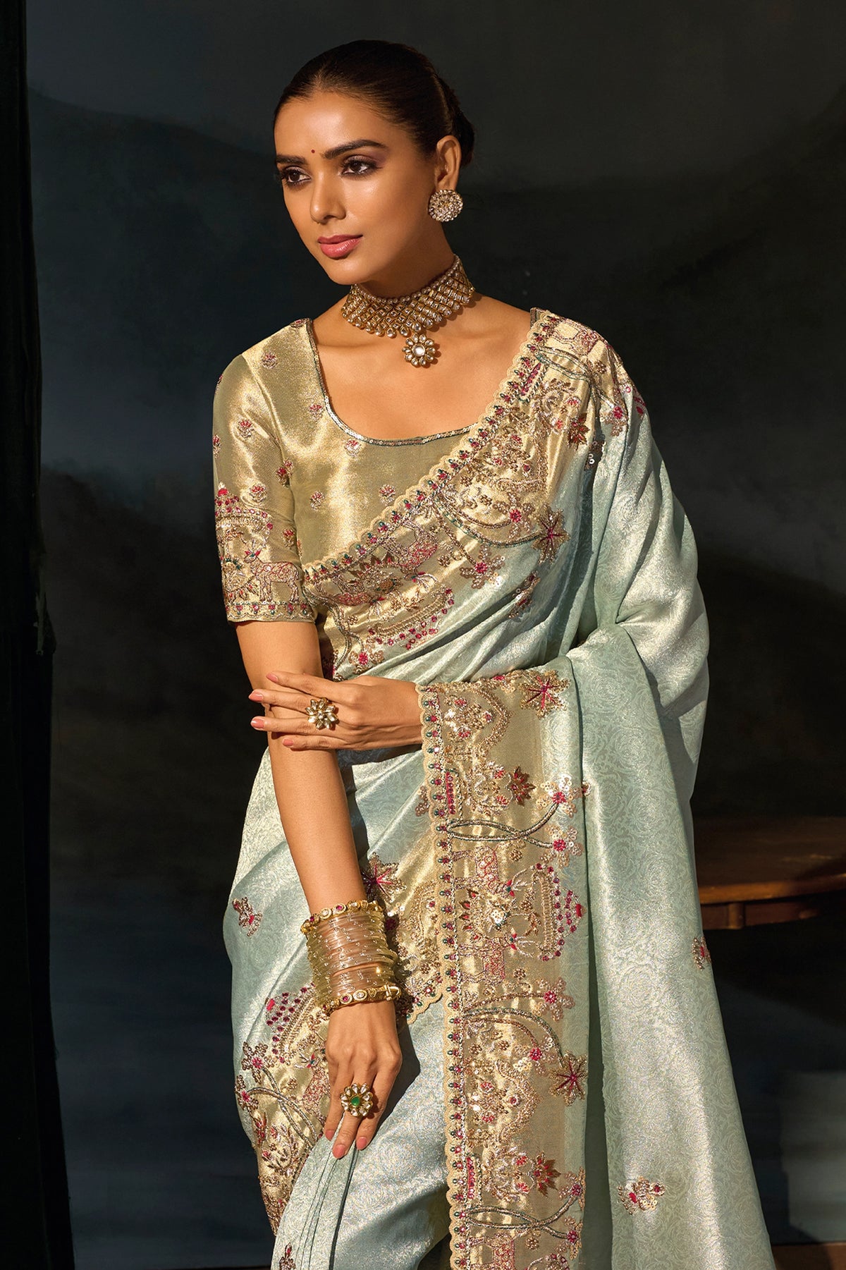 Mint Blue Embroiderd Madhurai Silk Saree