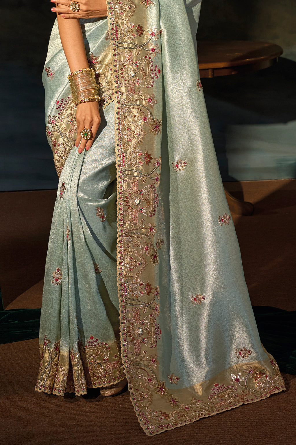 Mint Blue Embroiderd Madhurai Silk Saree