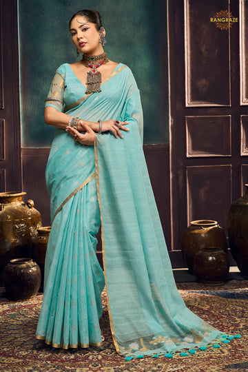 Mint Blue Woven Munga Cotton Saree
