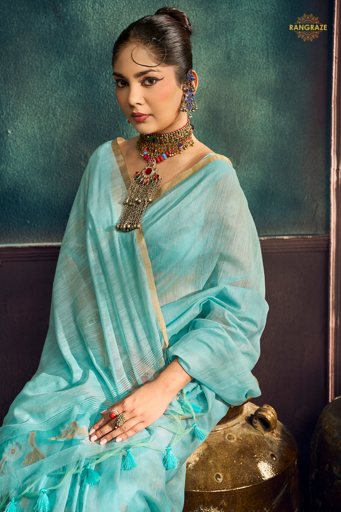 Mint Blue Woven Munga Cotton Saree