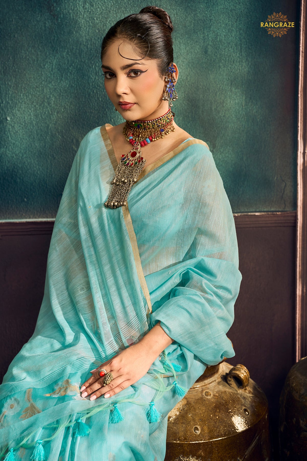 Mint Blue Woven Munga Cotton Saree