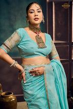 Mint Blue Woven Munga Cotton Saree