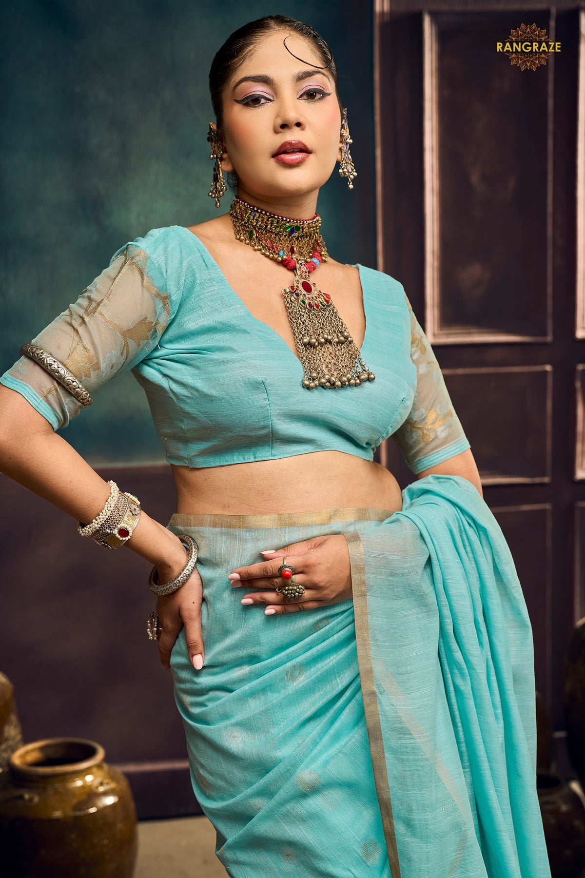 Mint Blue Woven Munga Cotton Saree