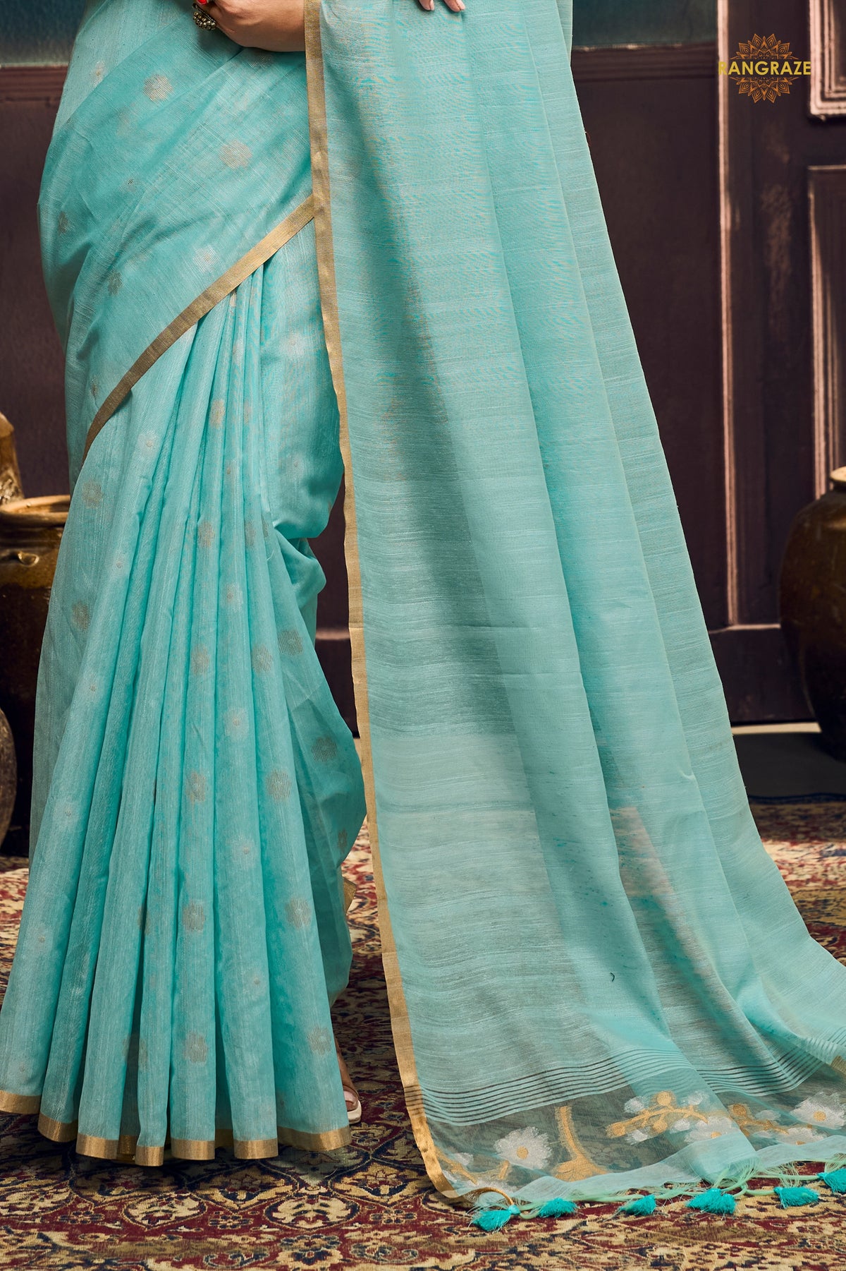 Mint Blue Woven Munga Cotton Saree