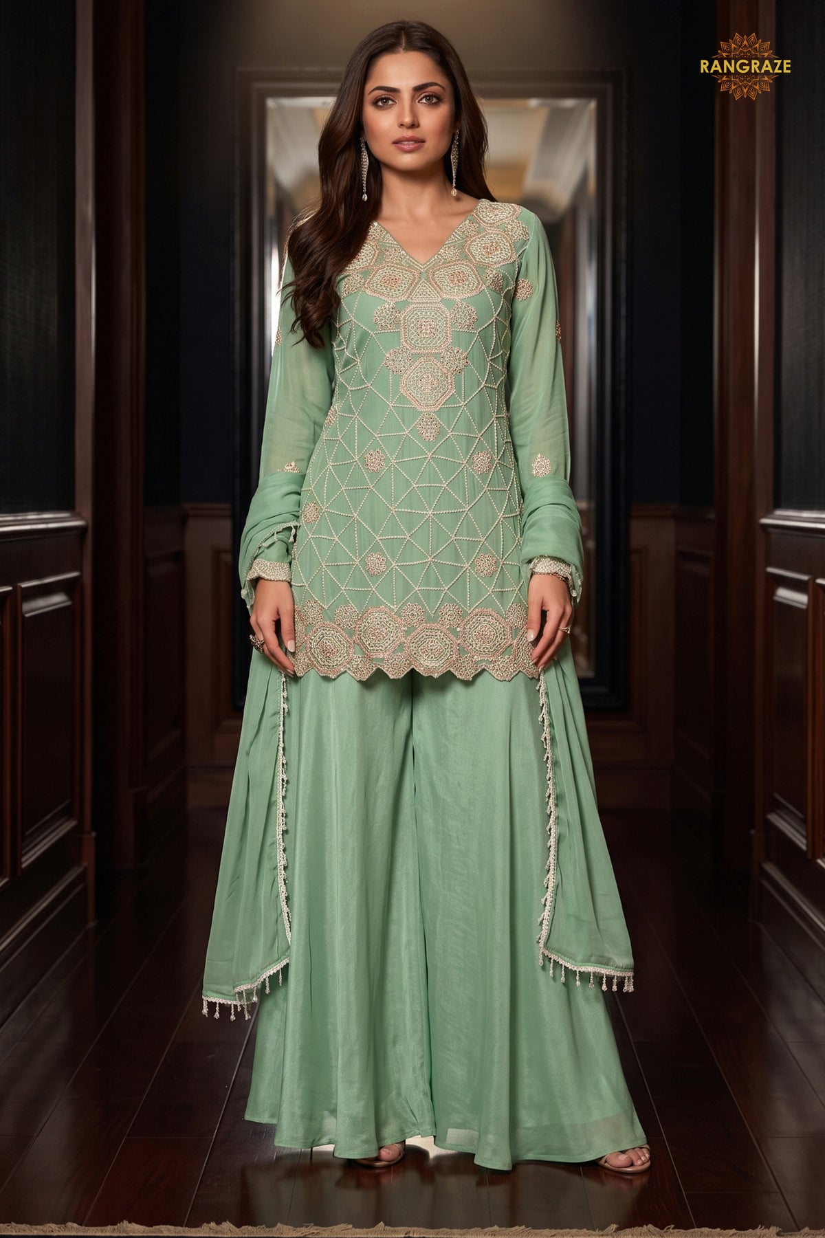 Mint Green Readymade Bead Work Chinon Palazzo Suit