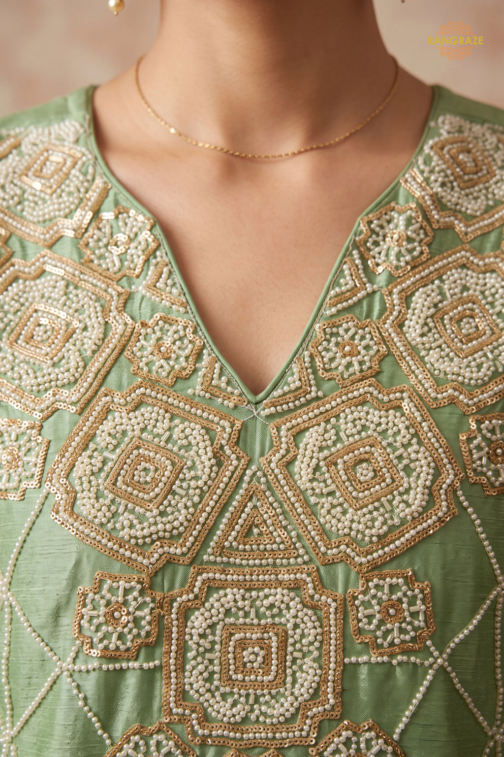Mint Green Readymade Bead Work Chinon Palazzo Suit